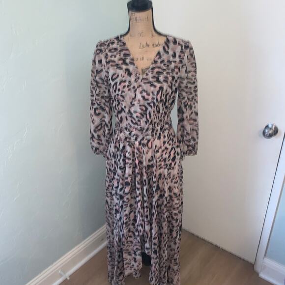 Eliza J. Animal print cheetah pink black midi maxi wrap v neck dress flowy sz 6 - Picture 2 of 16